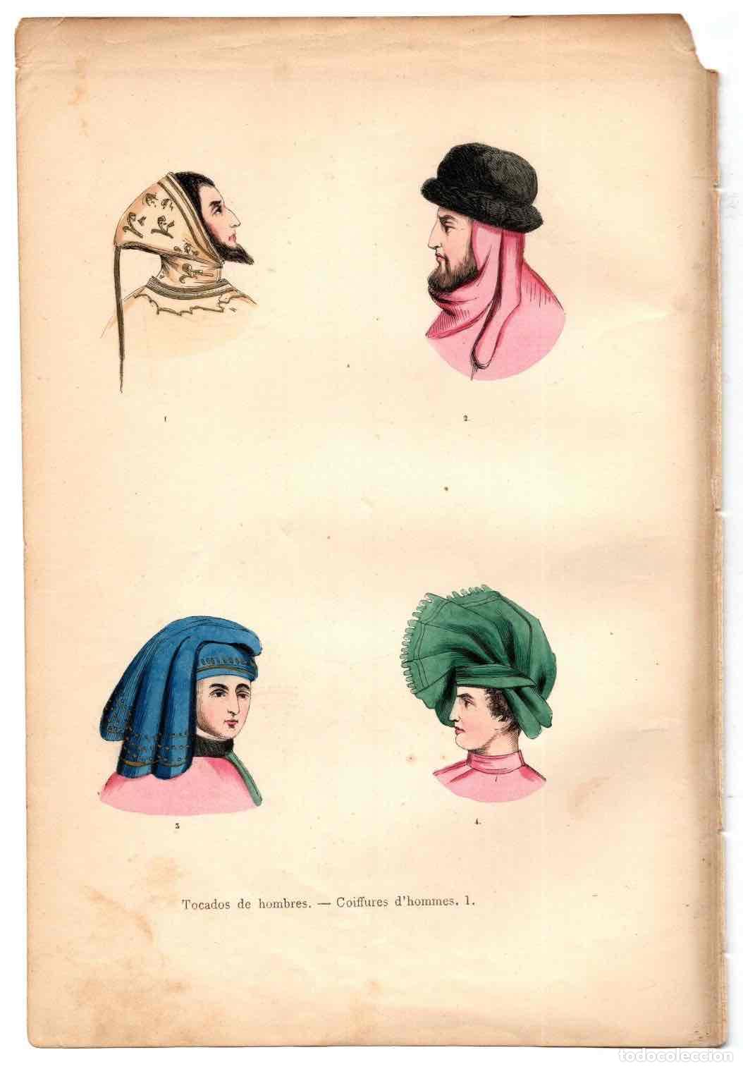 Kunst: GRABADO COLOREADO A MANO TOCADOS DE HOMBRES. TRAGES Y COSTUMBRES DE LA EDAD MEDIA 1846