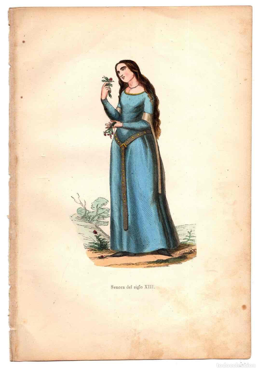 Arte: GRABADO COLOREADO A MANO SE&Ntilde;ORA DEL SIGLO XIII. TRAGES Y COSTUMBRES DE LA EDAD MEDIA 1846
