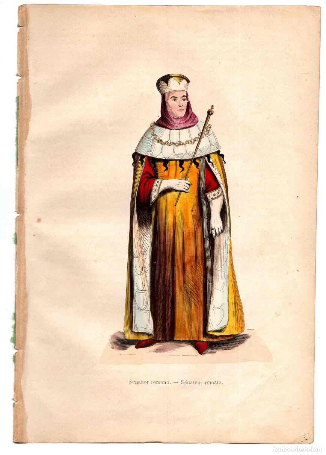 Art: GRABADO COLOREADO A MANO SENADOR ROMANO. TRAGES Y COSTUMBRES DE LA EDAD MEDIA 1846