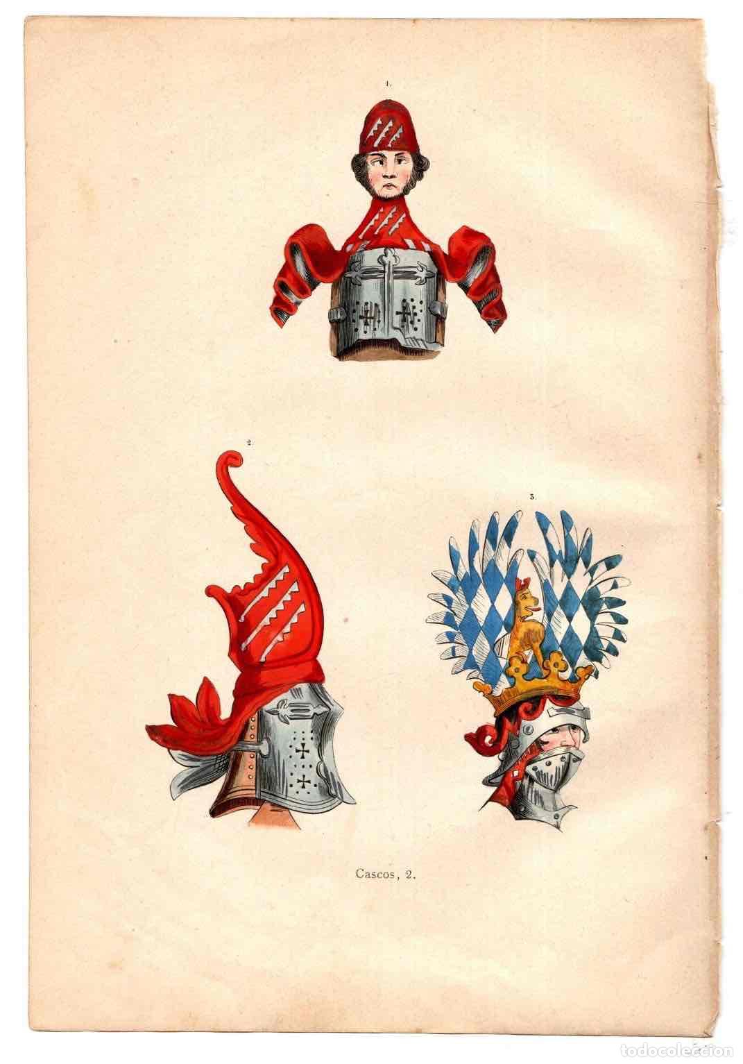 Art: GRABADO COLOREADO A MANO CASCOS. TRAGES Y COSTUMBRES DE LA EDAD MEDIA 1846