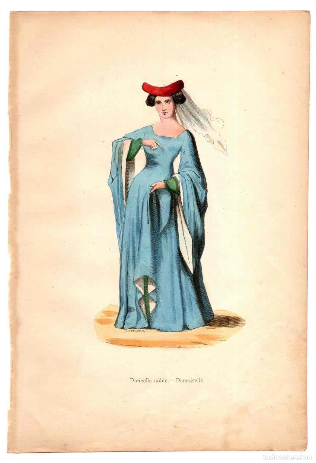 Art: GRABADO COLOREADO A MANO DONCELLA NOBLE. TRAGES Y COSTUMBRES DE LA EDAD MEDIA 1846