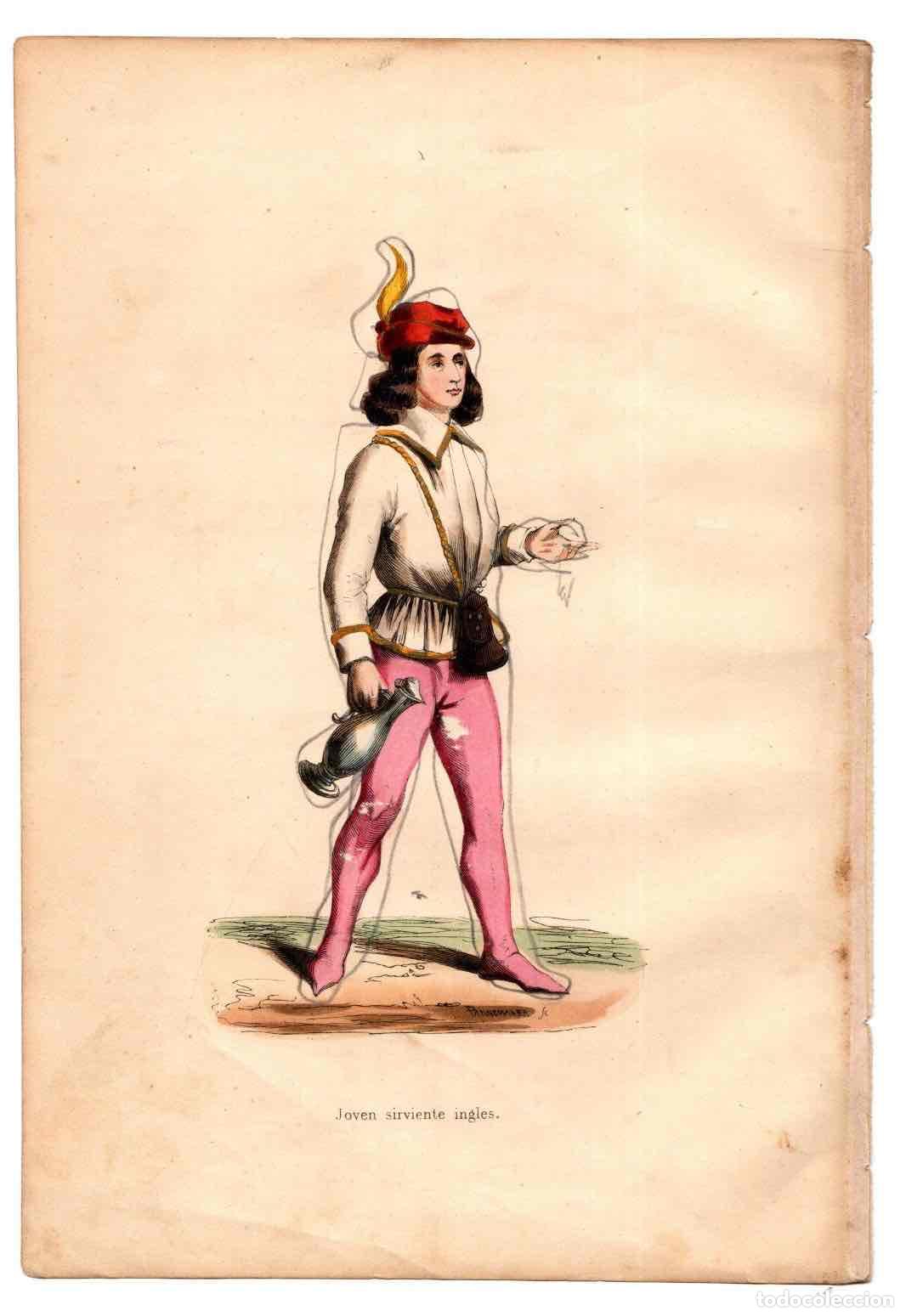 Kunst: GRABADO COLOREADO A MANO JOVEN SIRVIENTE INGLES. TRAGES Y COSTUMBRES DE LA EDAD MEDIA 1846