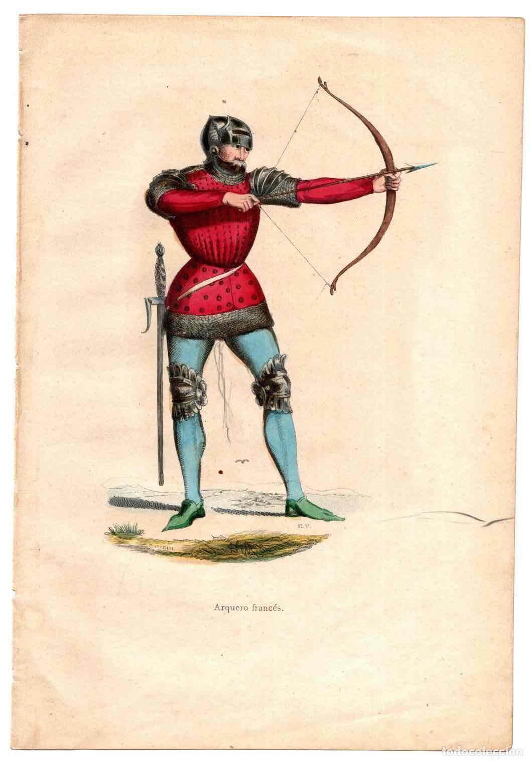 Art: GRABADO COLOREADO A MANO ARQUERO FRANCES. TRAGES Y COSTUMBRES DE LA EDAD MEDIA 1846