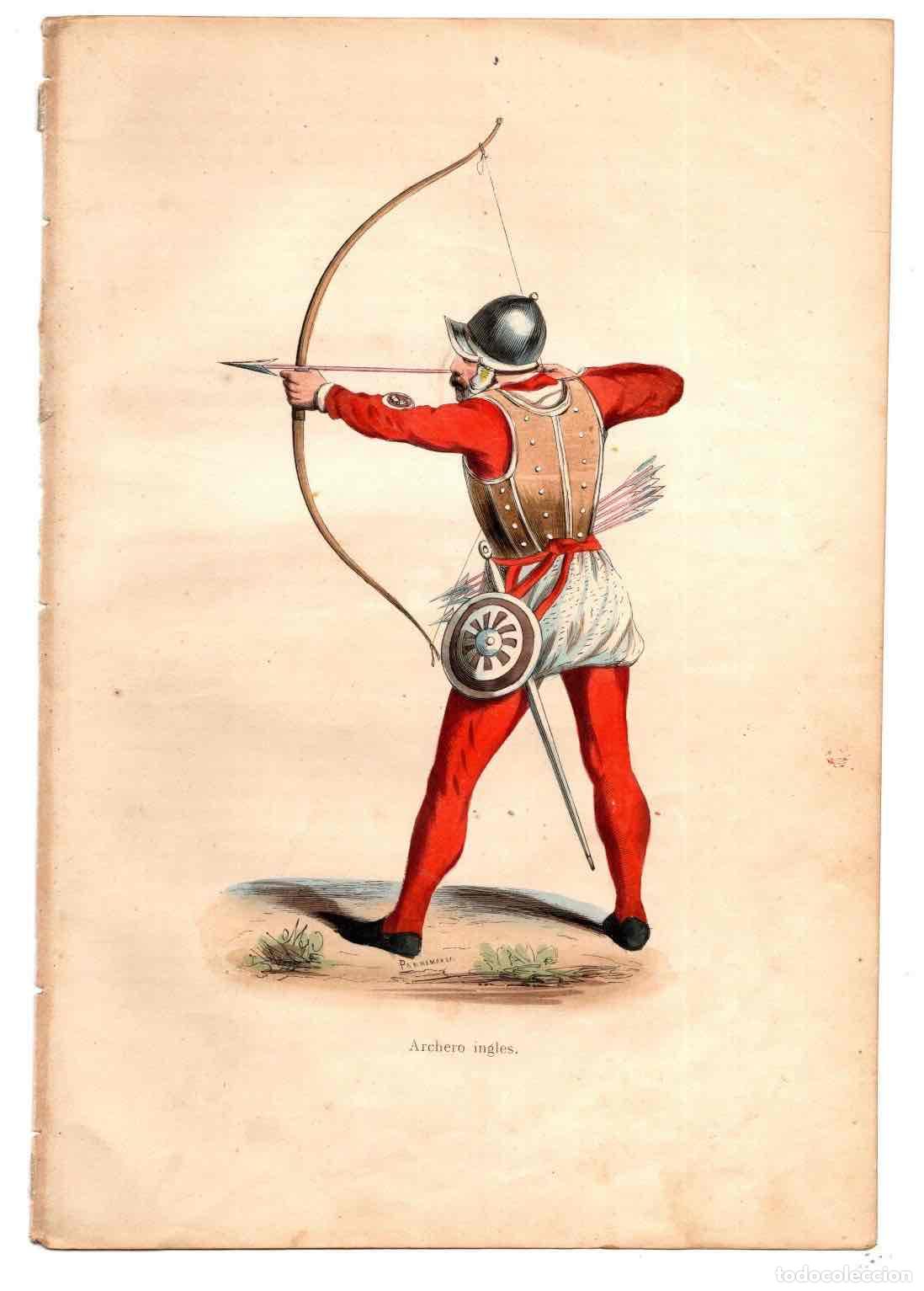 Arte: GRABADO COLOREADO A MANO ARQUERO INGLES. TRAGES Y COSTUMBRES DE LA EDAD MEDIA 1846