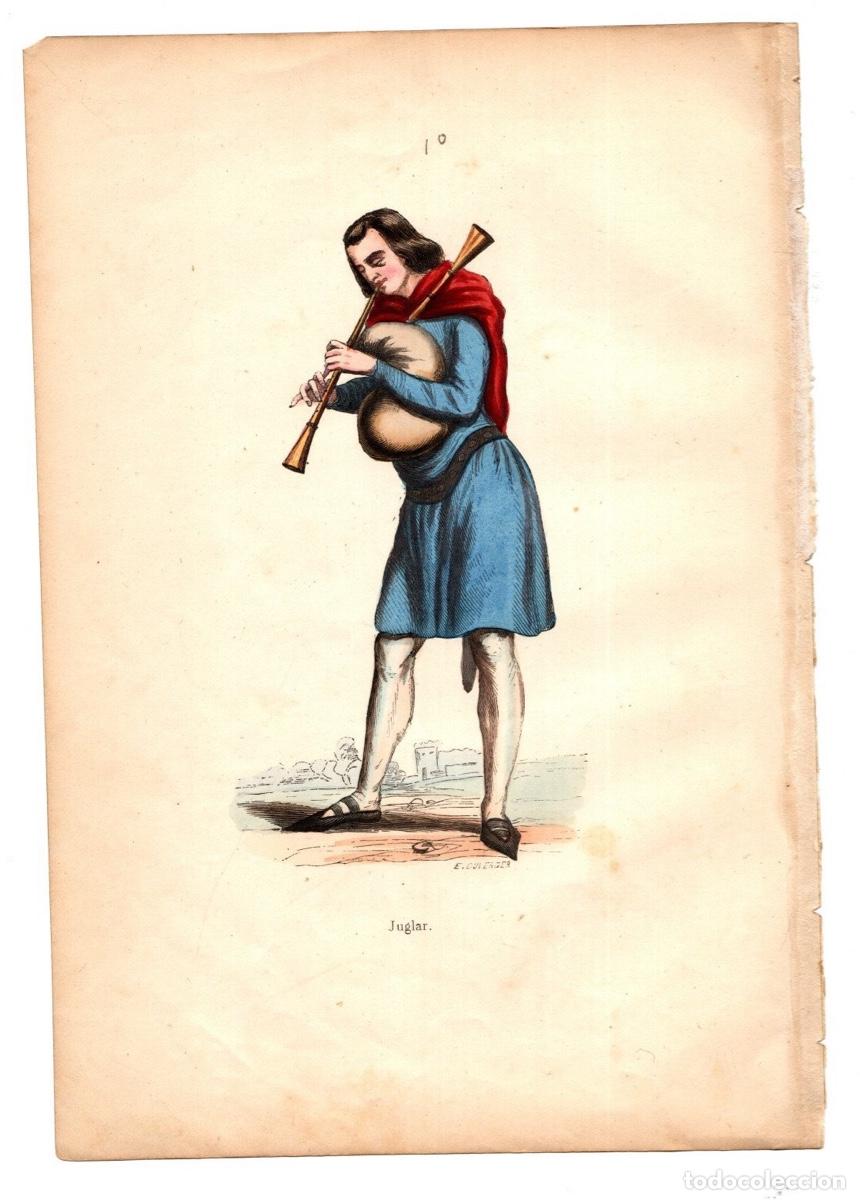 Art: GRABADO COLOREADO A MANO JUGLAR. TRAGES Y COSTUMBRES DE LA EDAD MEDIA 1846