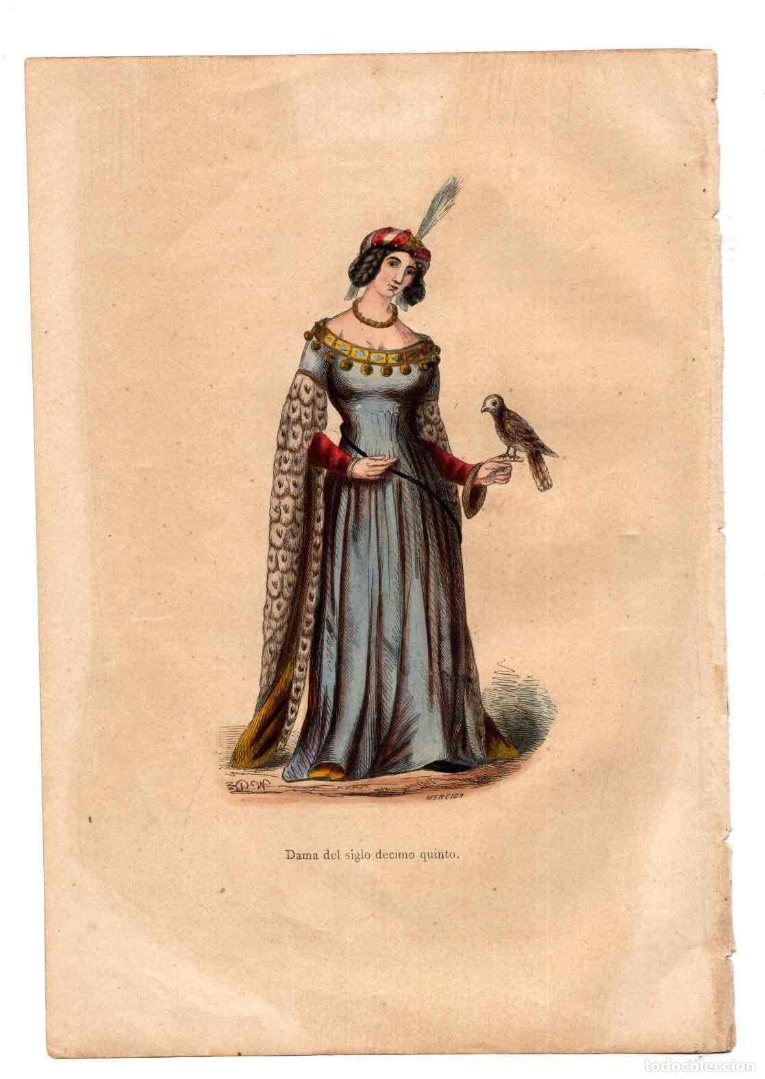 Arte: GRABADO COLOREADO A MANO DAMA DEL SIGLO XIV. TRAGES Y COSTUMBRES DE LA EDAD MEDIA 1846