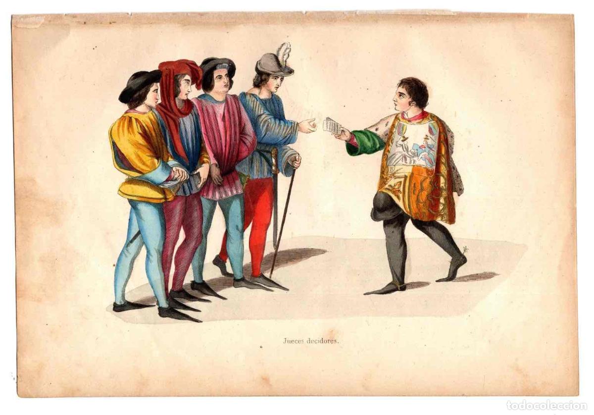Arte: GRABADO COLOREADO A MANO JUECES DECIDORES. TRAGES Y COSTUMBRES DE LA EDAD MEDIA 1846