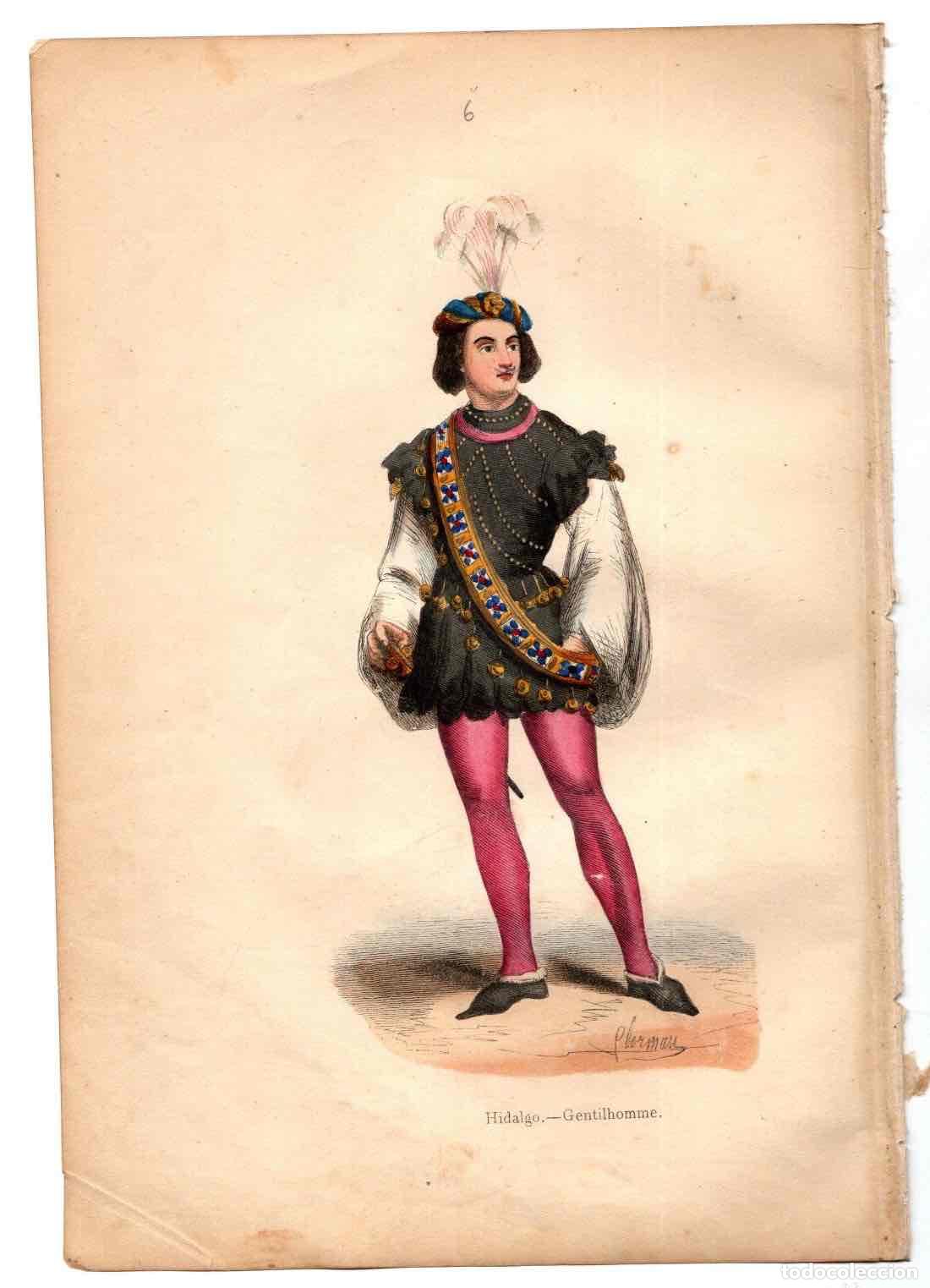 Arte: GRABADO COLOREADO A MANO HIDALGO. TRAGES Y COSTUMBRES DE LA EDAD MEDIA 1846