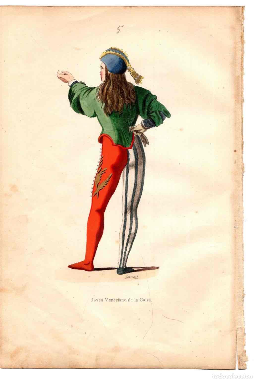 Arte: GRABADO COLOREADO A MANO JOVEN VENECIANO DE LA CALZA. TRAGES Y COSTUMBRES DE LA EDAD MEDIA 1846