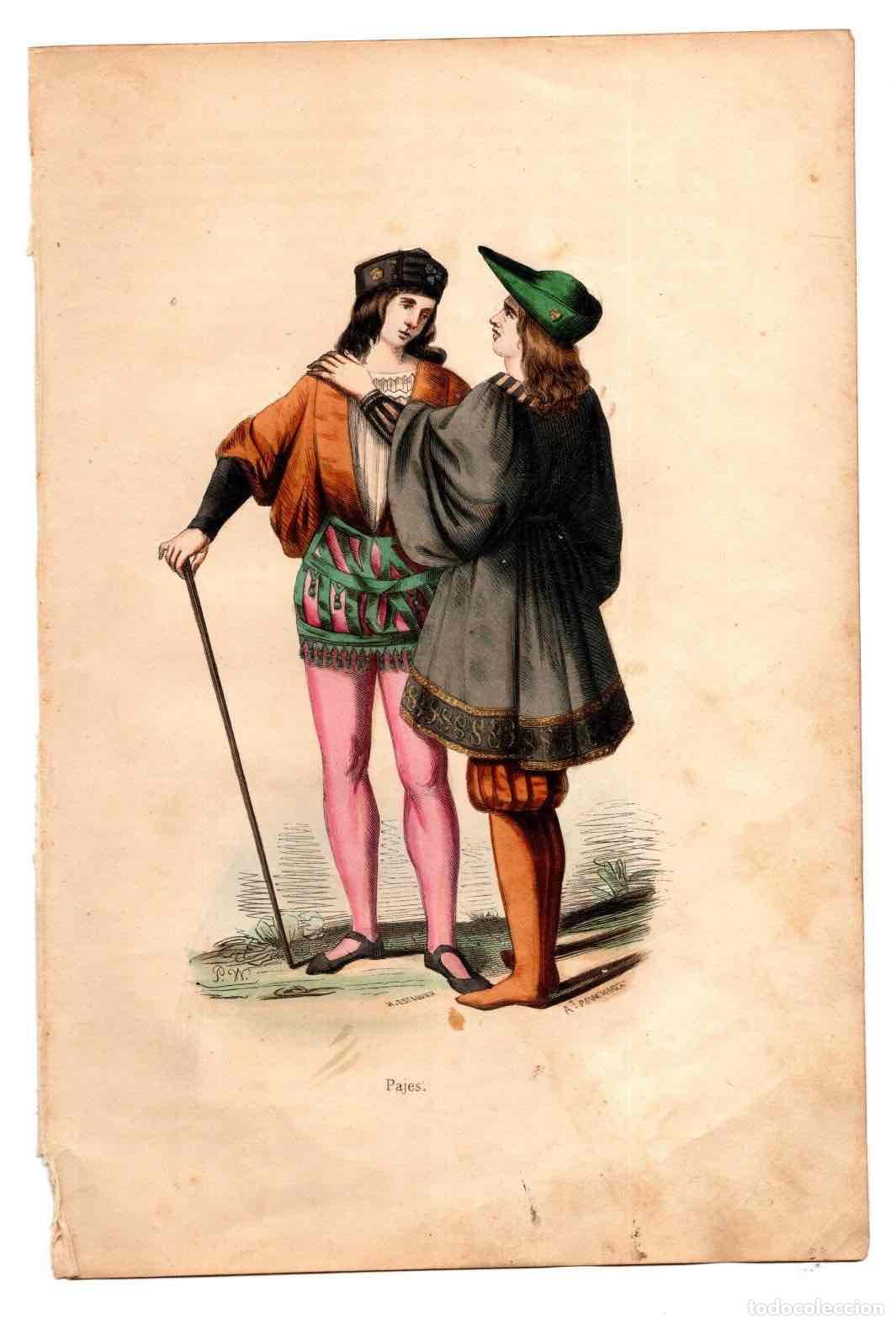 Kunst: GRABADO COLOREADO A MANO PAJES. TRAGES Y COSTUMBRES DE LA EDAD MEDIA 1846