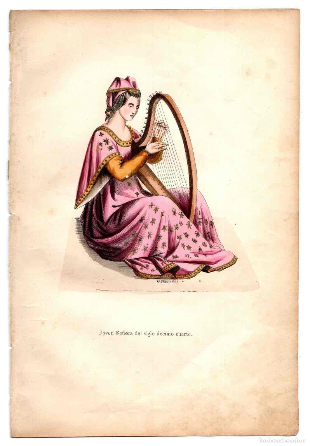 Art: GRABADO COLOREADO A MANO JOVEN SE&Ntilde;ORA DEL SIGLO XIV. TRAGES Y COSTUMBRES DE LA EDAD MEDIA 1846