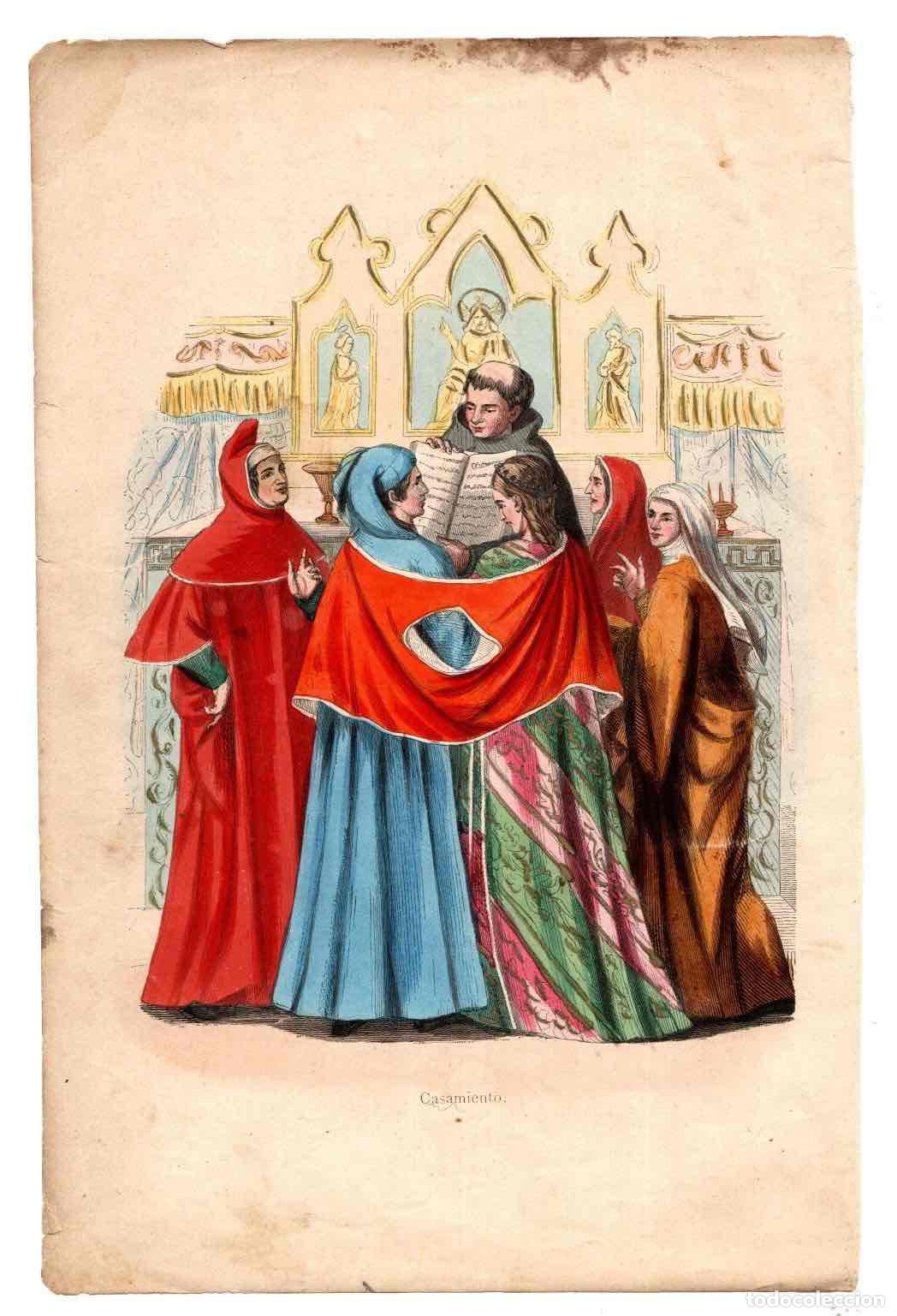 Kunst: GRABADO COLOREADO A MANO CASAMIENTO. TRAGES Y COSTUMBRES DE LA EDAD MEDIA 1846