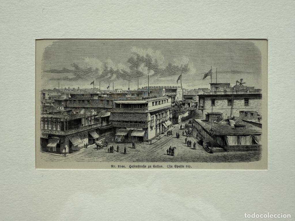 Arte: Edificios del puerto de El Callao, en LIma (Per&uacute;, Am&eacute;rica del sur), hacia 1880. An&oacute;nimo - Foto 1