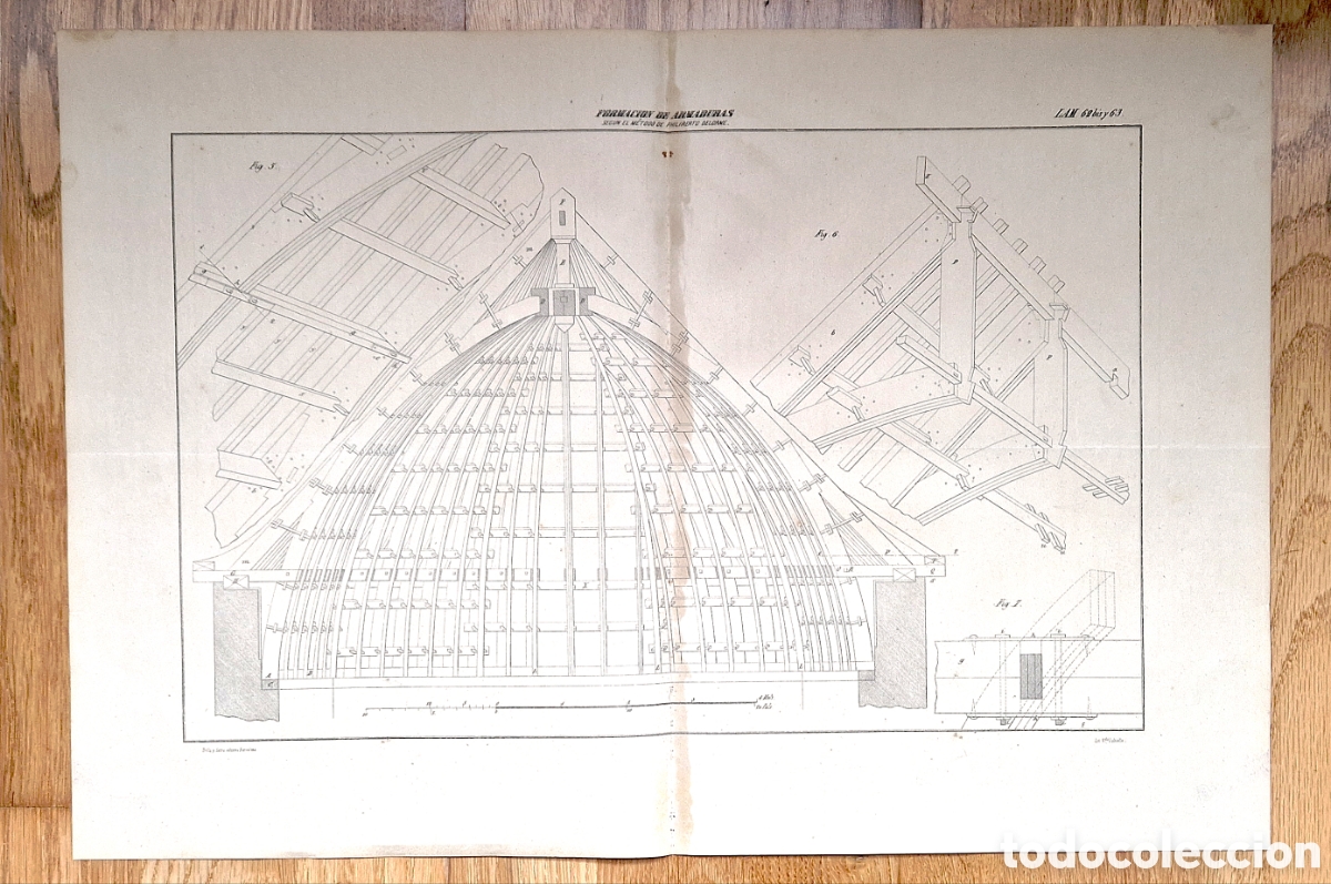 Arte: L&aacute;mina litogr&aacute;fica Original S. XIX &ndash; Armaduras seg&uacute;n Philibert Delorme &ndash; Arquitectura y Carpinter&iacute;a