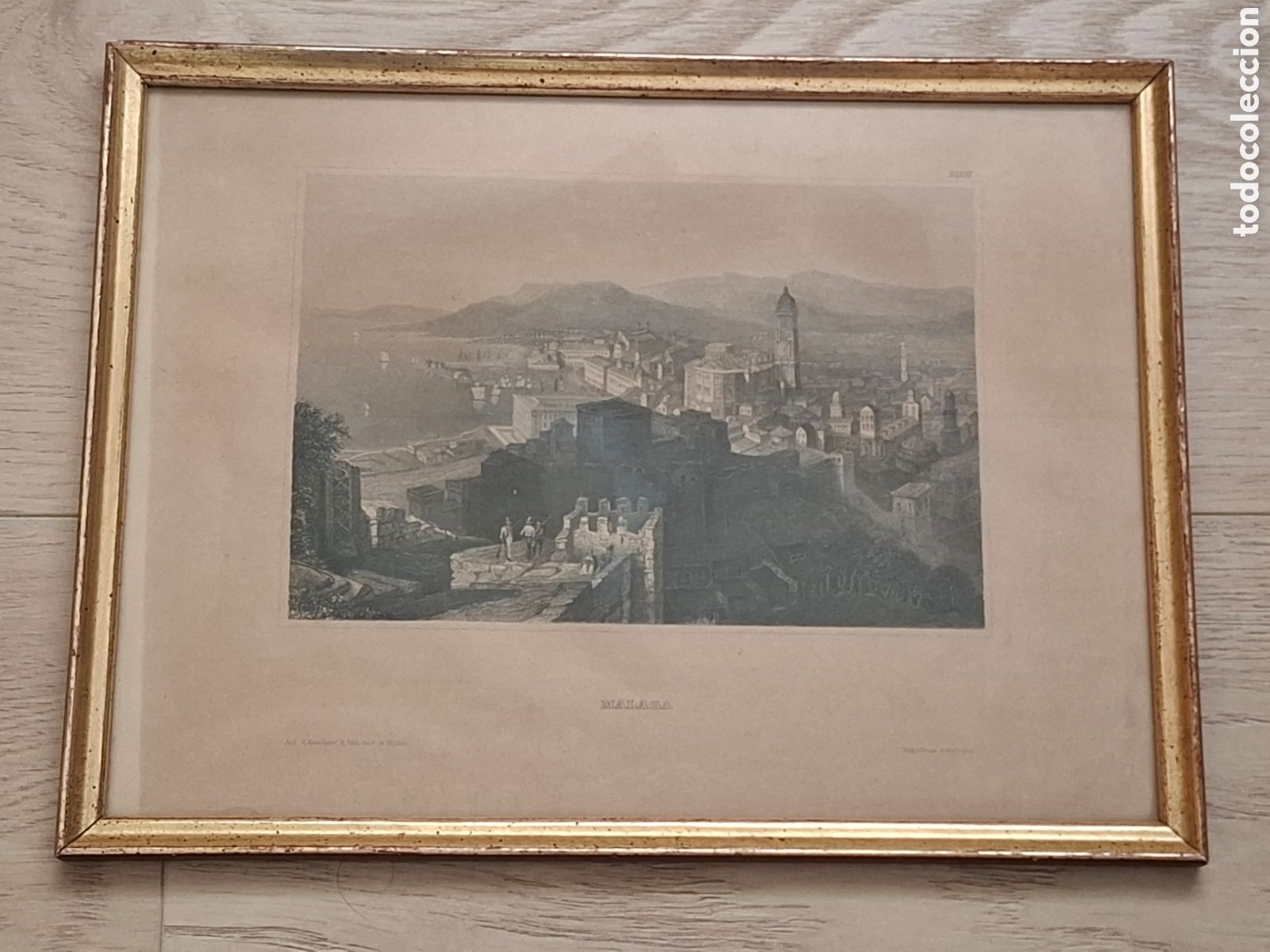 Arte: M&aacute;laga, grabado en acero alem&aacute;n del siglo XIX enmarcado, vista de la ciudad