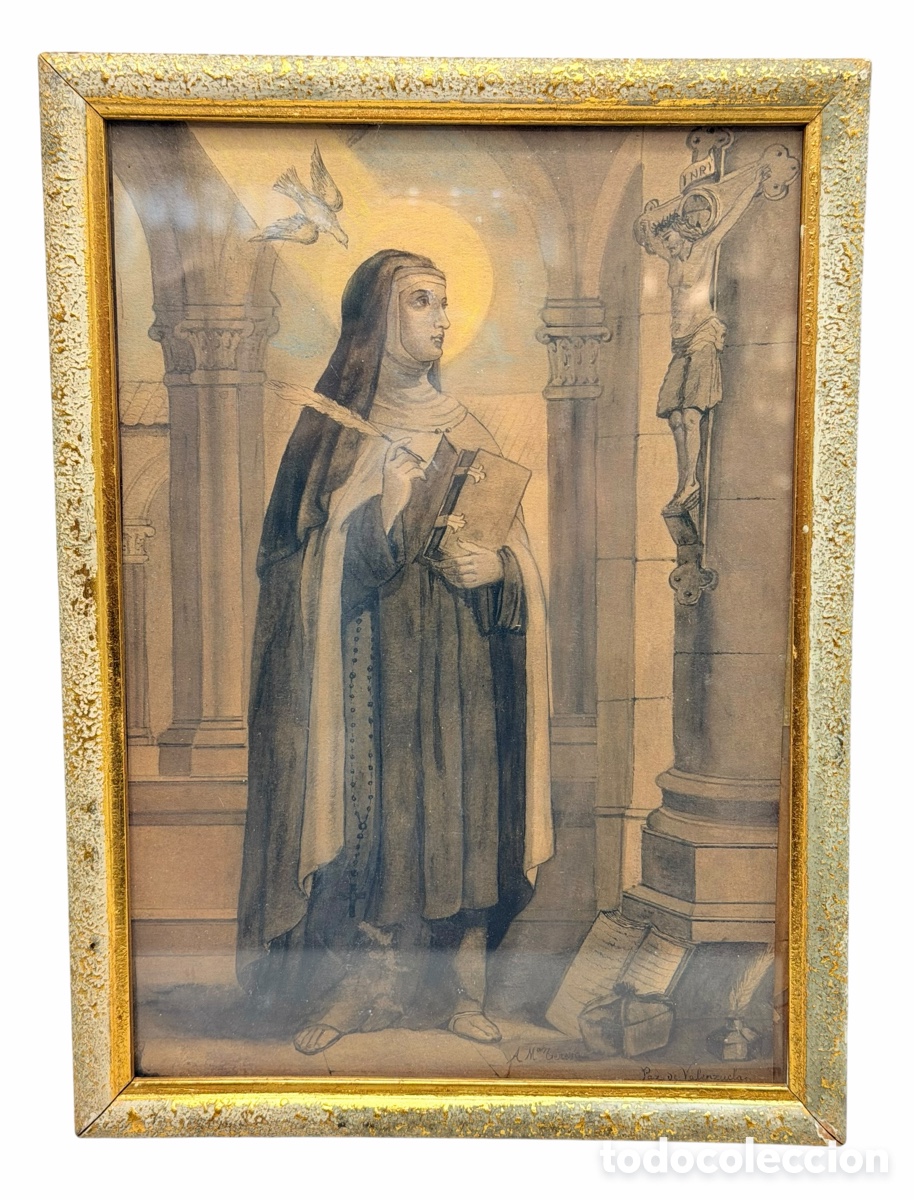 Kunst: Antiguo Grabado Santa Teresa Pintado y Enmarcado