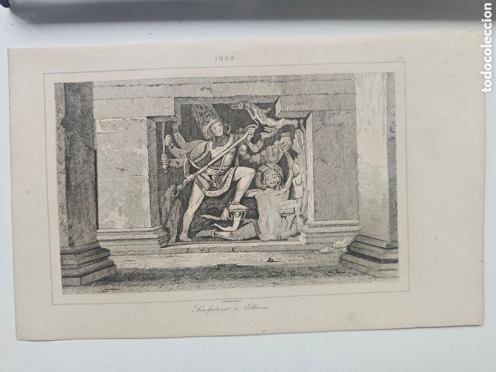 Arte: Grabado del Siglo XIX - Esculturas de Ellora, India (Lema&icirc;tre, 1835)