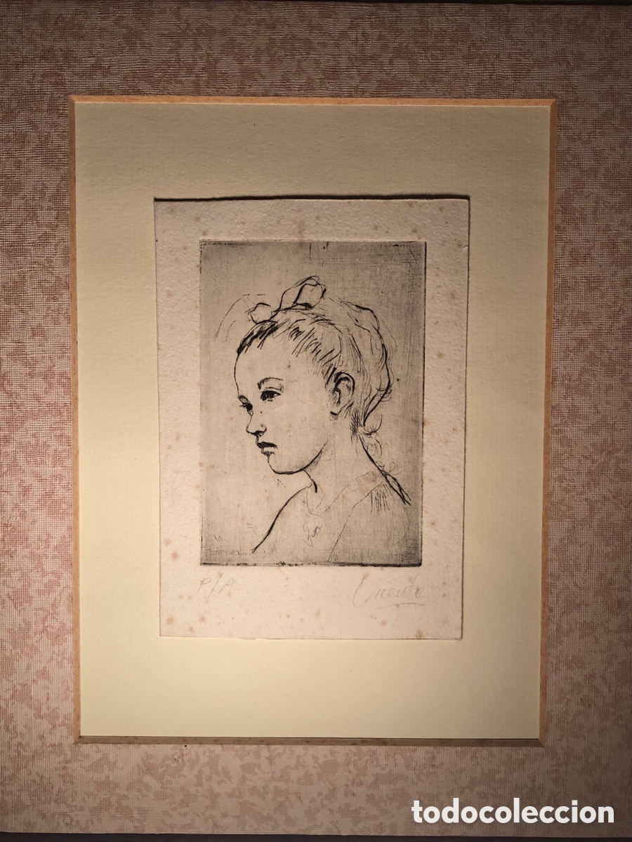 Arte: Antiguo grabado aguafuerte &bull; Cabeza de Ni&ntilde;a &bull; P/A (prueba de autor) &bull; interesante firma