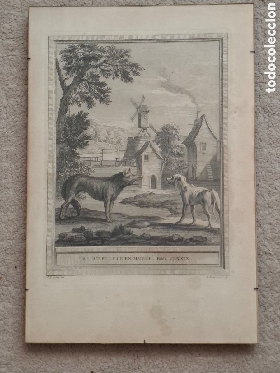Arte: El lobo y el perro flaco, F&aacute;bulas de La Fontaine, grabado por Jean Baptiste Oudrey, 1755