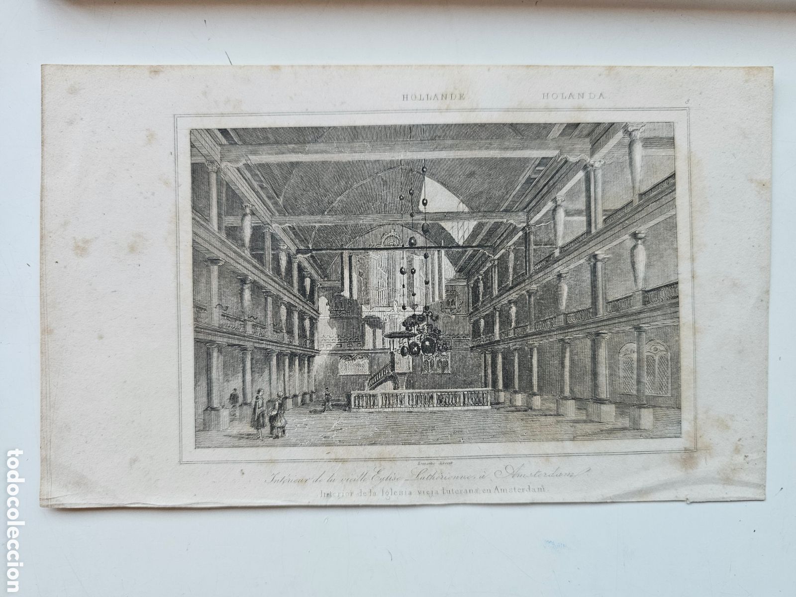 Arte: Antiguo Grabado Siglo XIX - Interior de la Vieja Iglesia Luterana de &Aacute;msterdam