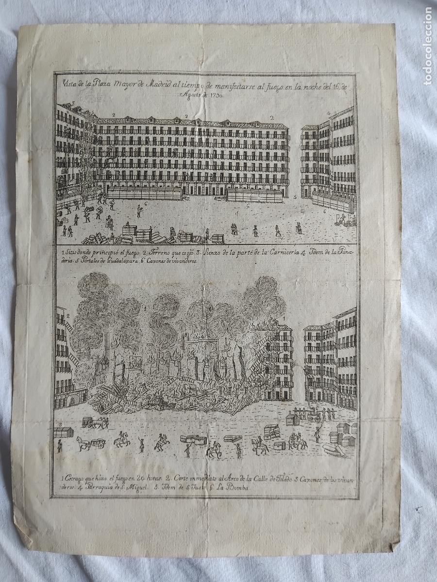 Arte: GRABADO S. XVIII CON VISTAS DE LA PLAZA MAYOR DE MADRID ANTES Y DESPUES DEL INCENDIO DE 1790
