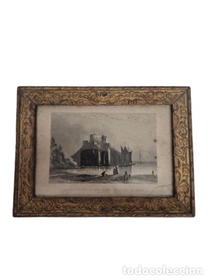 Arte: Castillo y Puerto de Mont - Orgueill en la Isla de Jersey - Grabado al Acero - 1860 - Bonito Grabado