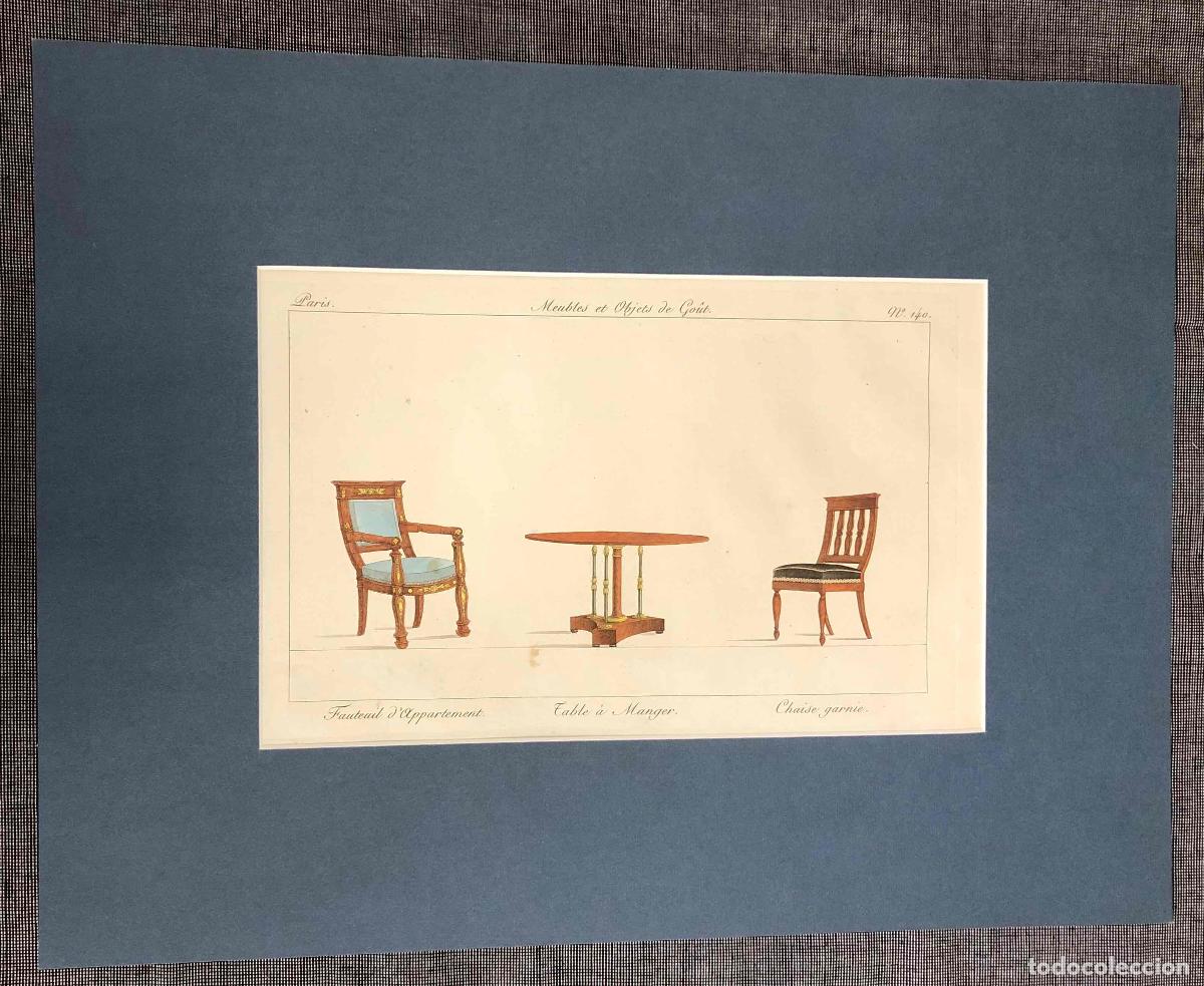 Arte: GRABADO CALCOGR&Aacute;FICO COLOREADO A MANO. MUEBLES Y OBJETOS DE GUSTO. PL. 140. PARIS, SIGLO XIX.