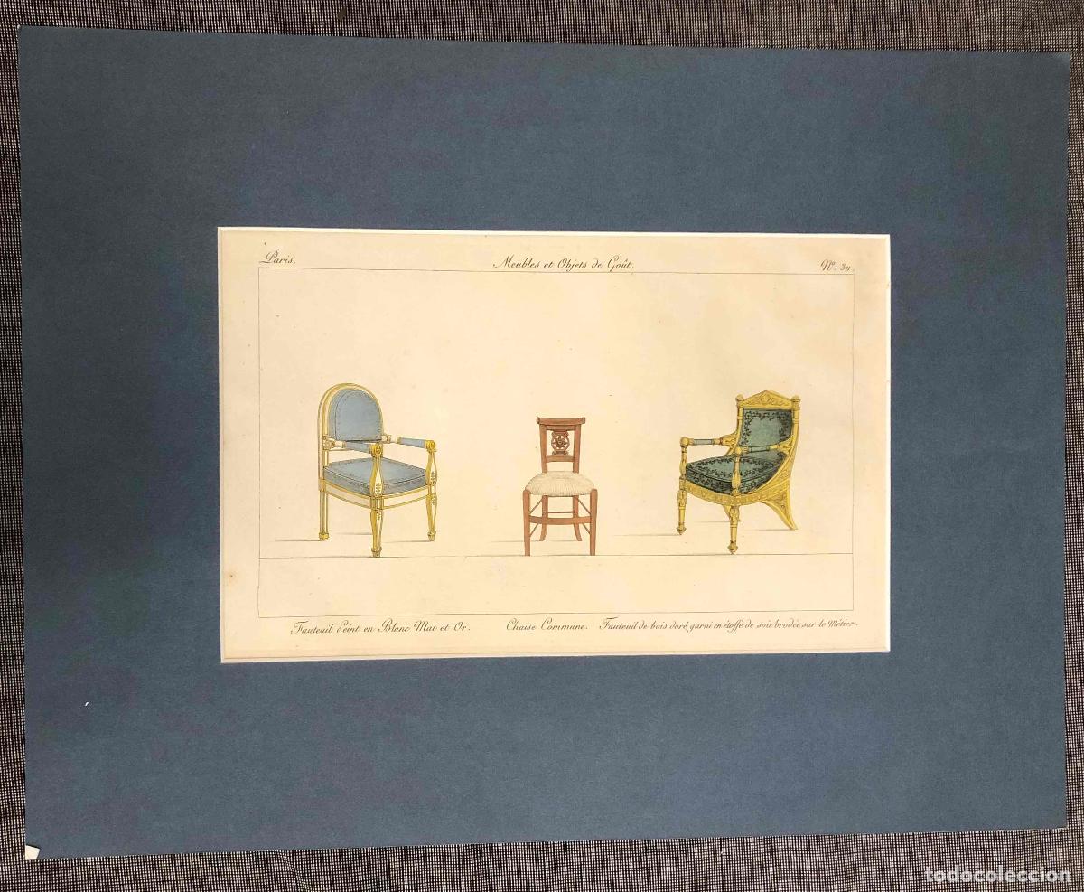 Arte: GRABADO CALCOGR&Aacute;FICO COLOREADO A MANO. MUEBLES Y OBJETOS DE GUSTO. PL. 311. PARIS, SIGLO XIX.