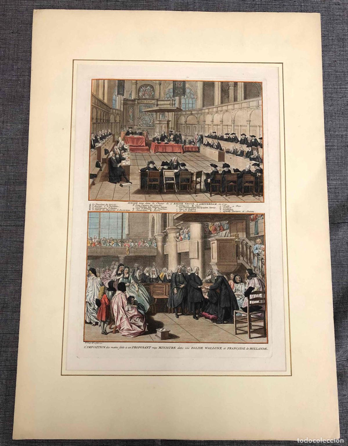 Art: GRABADO COLOREADO A MANO EGLISE NEUVE A AMSTERDAM. EGLISE WALLONE ET FRAN&Ccedil;OISE DE HOLLANDE. 1732