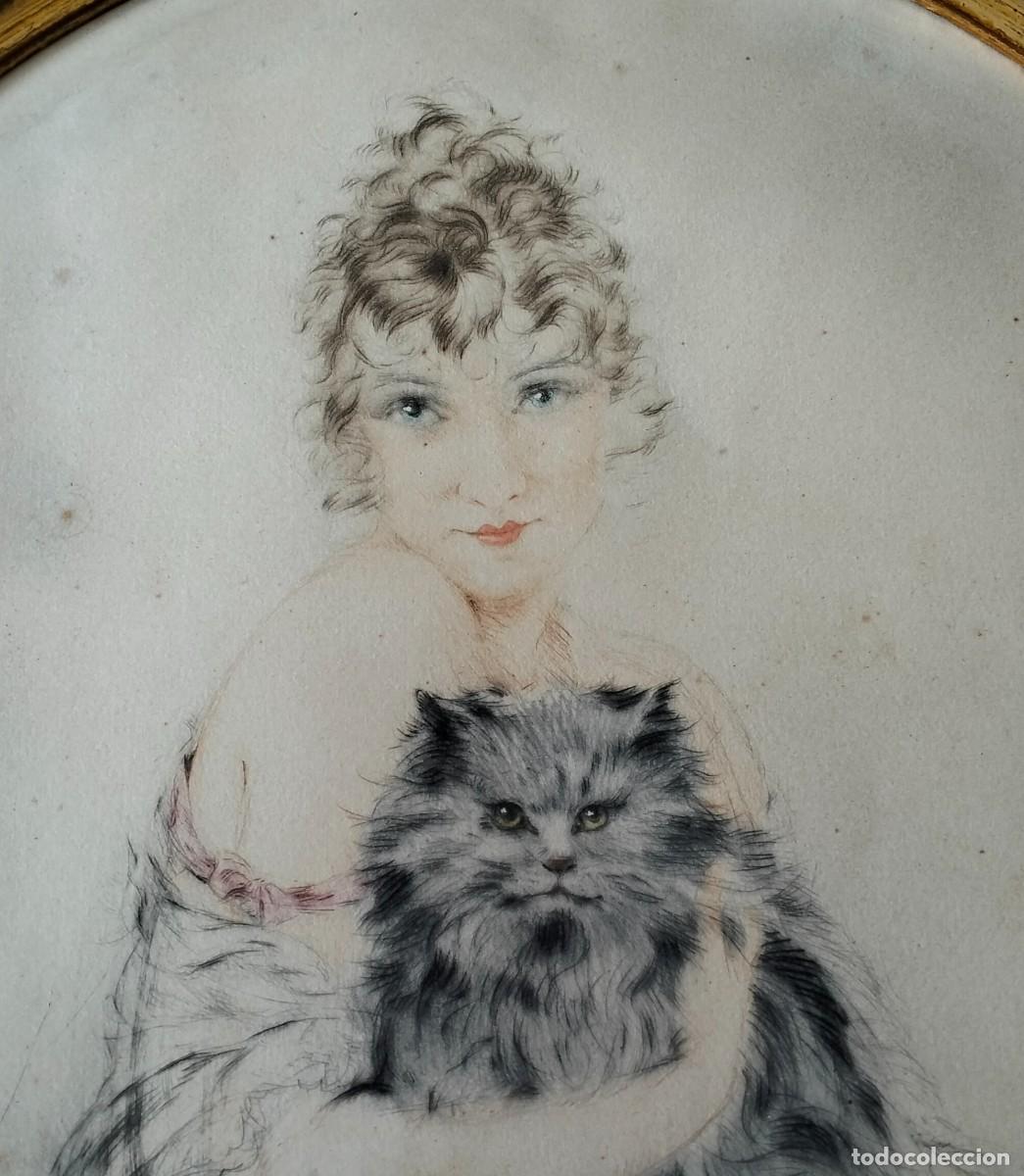 Art: LOUIS ICART. MUJER CON GATO PERSA.ATENTICO AGUAFUERTE DE 1924. HERENCIA
