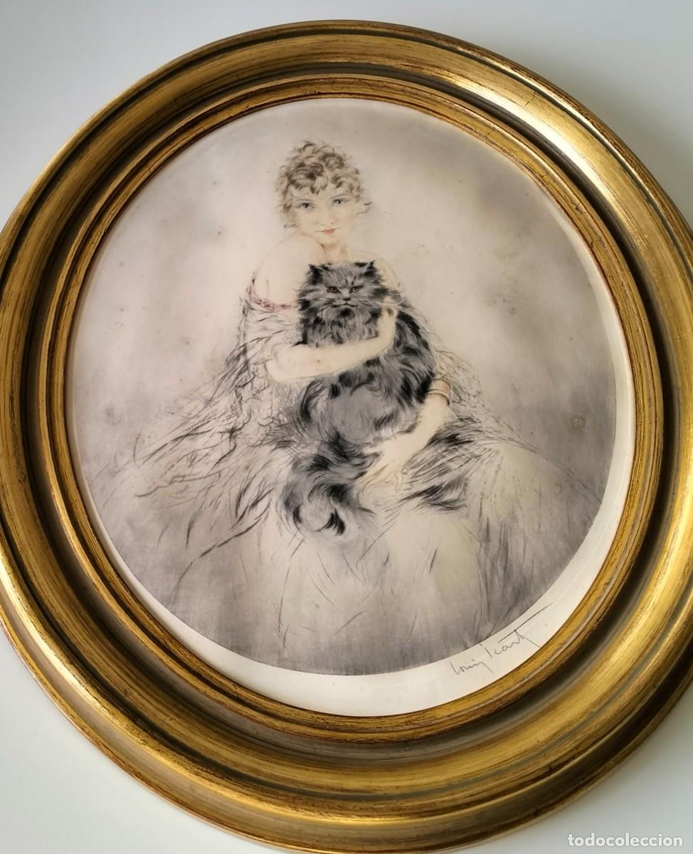 Arte: LOUIS ICART. MUJER CON GATO PERSA. AUT&Eacute;NTICO AGUAFUERTE DE 1924. HER&Eacute;NCIA
