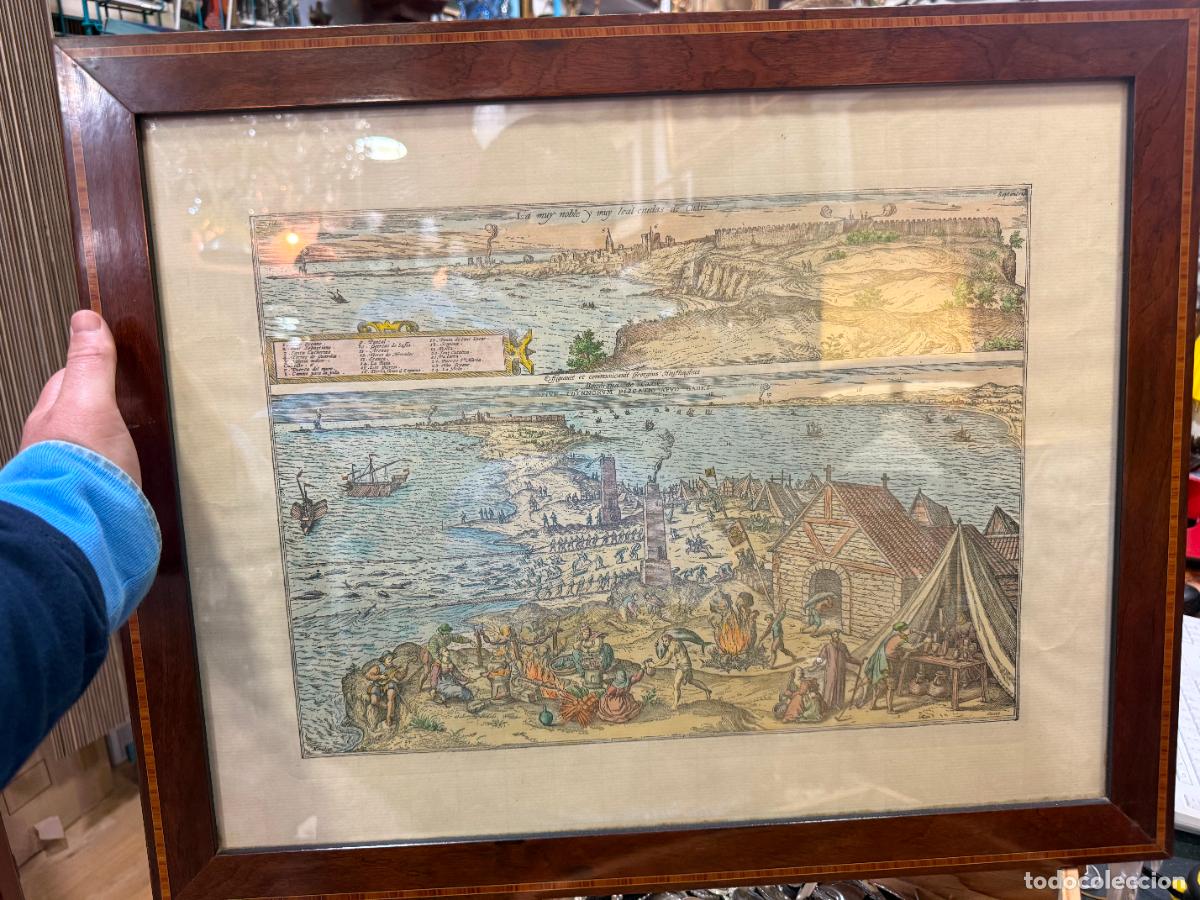 Arte: ANTIGUO GRABADO DE CADIZ Y LA ALMADRABA, FIRMADO POR ORIENS - MEDIDA MARCO 60X49 CM