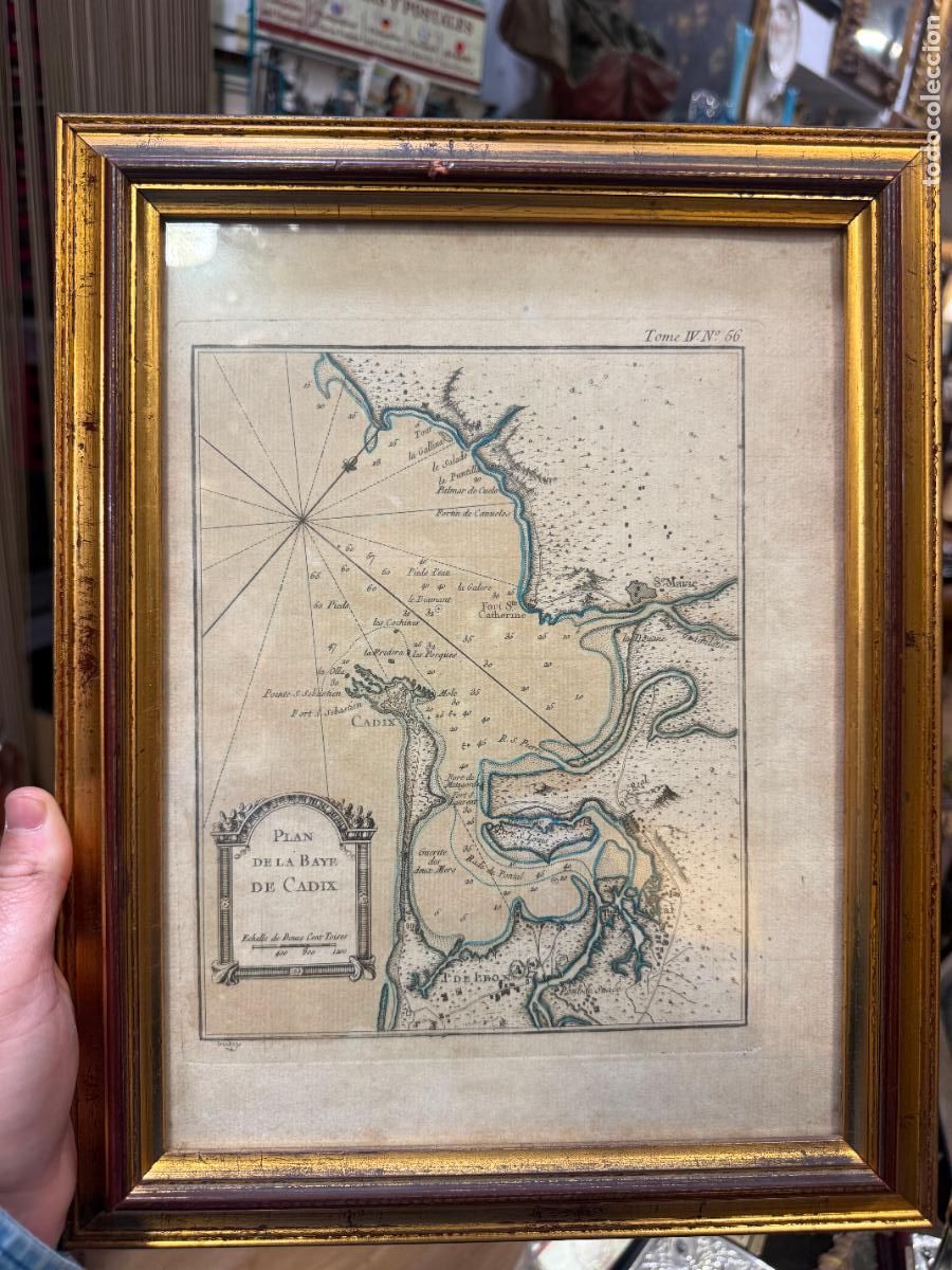 Arte: ANTIGUO GRABADO PLANO DE LA BAHIA DE CADIZ - MEDIDA MARCO 36X28 CM