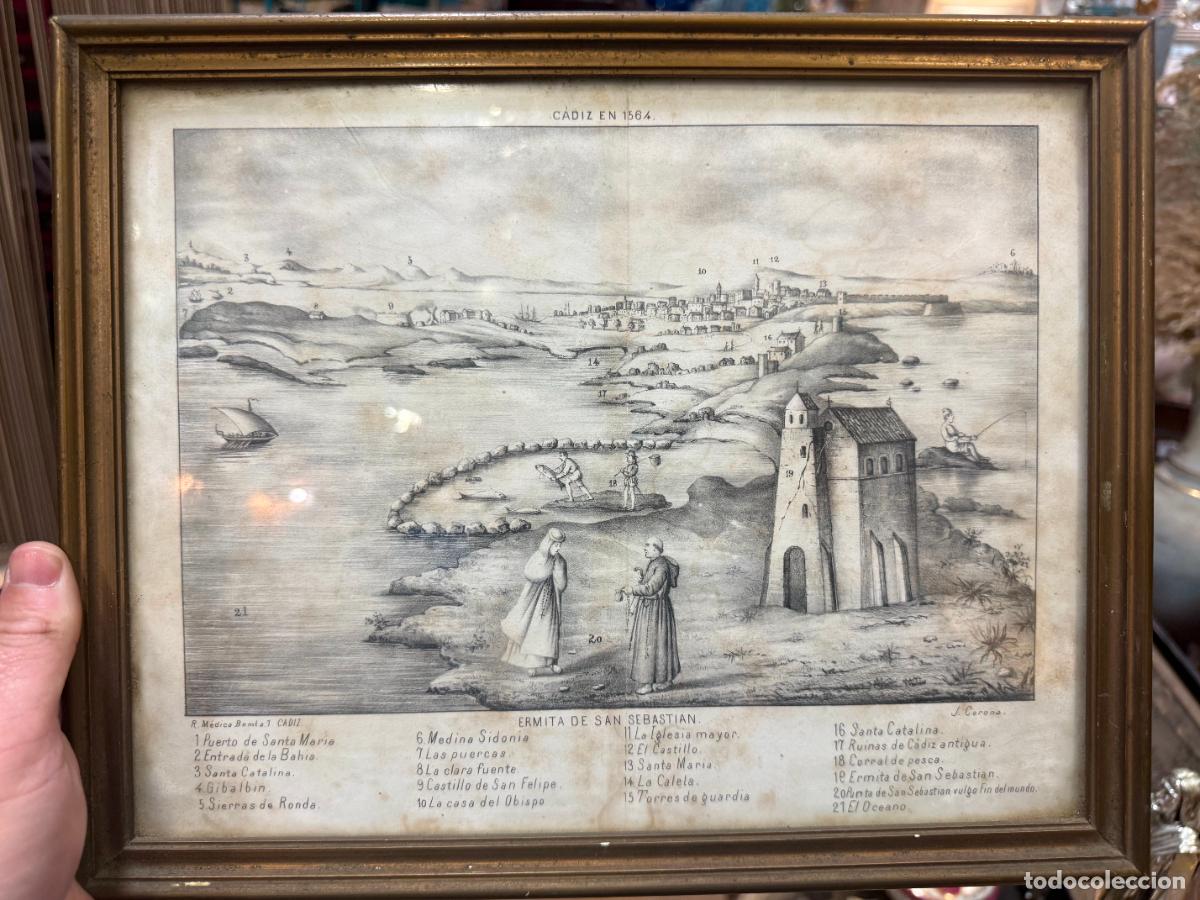 Arte: GRABADO DE CADIZ - ERMITA DE SAN SEBASTIAN - MEDIDA MARCO 32X26 CM