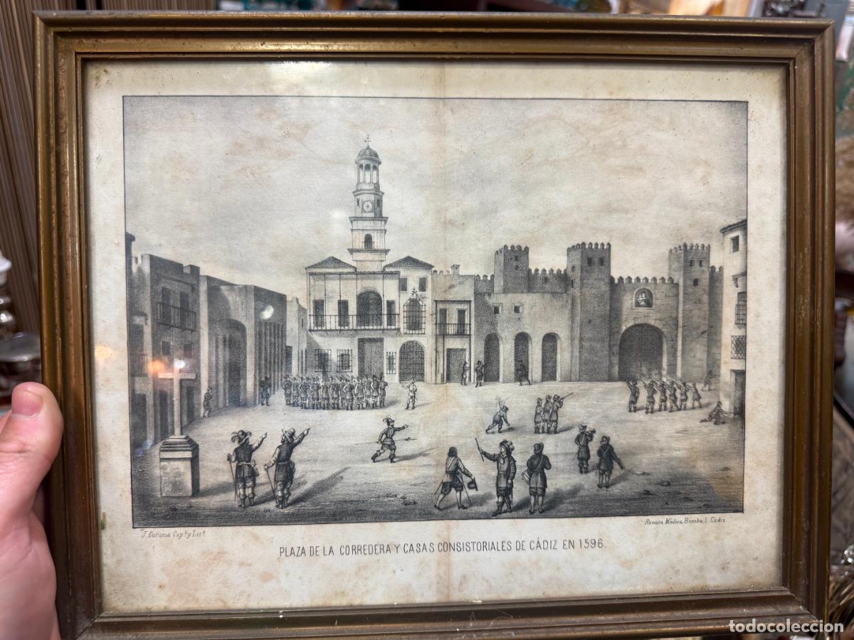 Art: GRABADO DE CADIZ - PLAZA DE LA CORREDERA Y CASAS CONSISTORIALES DE CADIZ - MEDIDA MARCO 32X26 CM