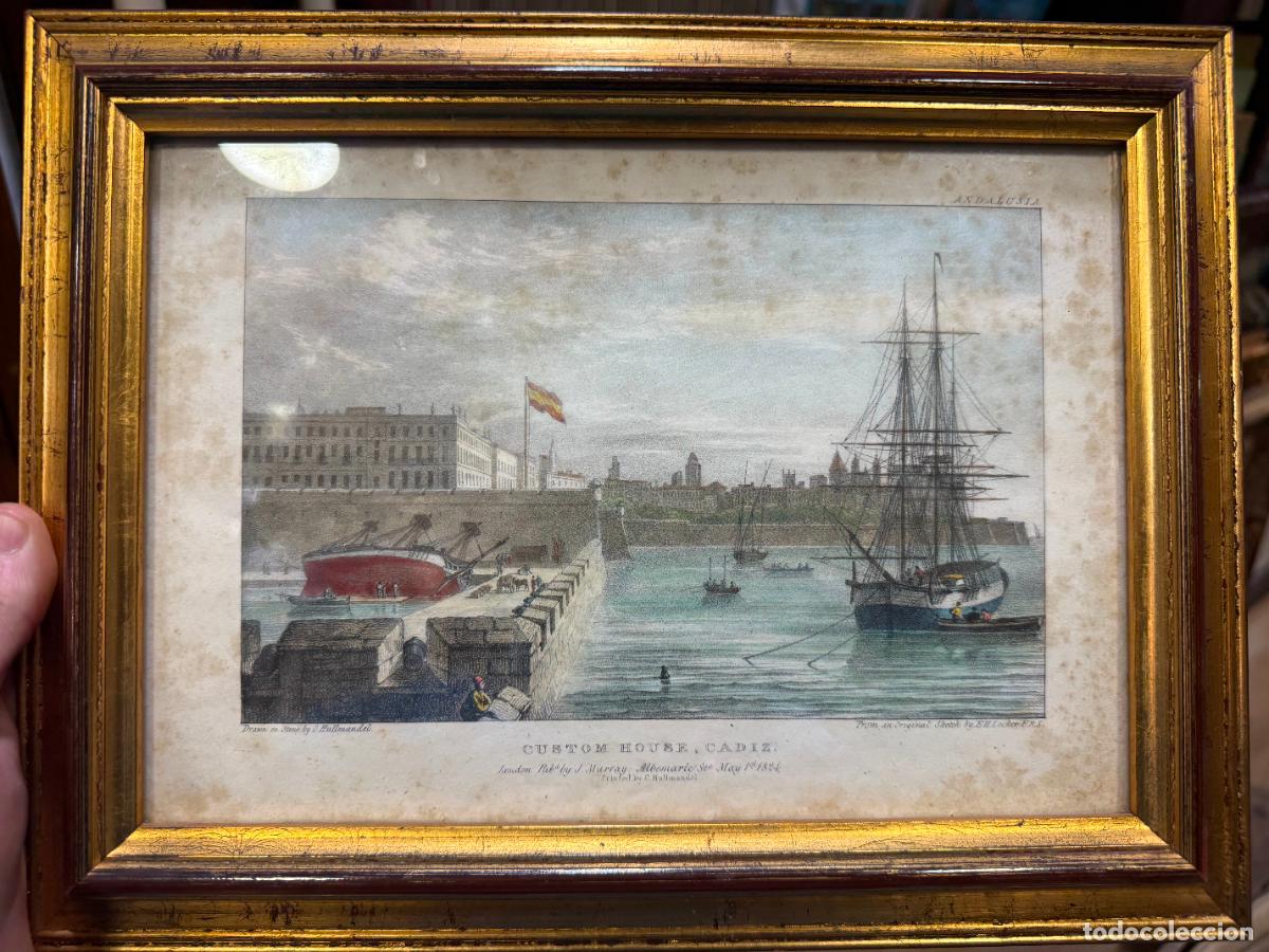 Arte: ANTIGUO GRABADO CUSTOM HOUSE CADIZ A&Ntilde;O 1824 - MEDIDA MARCO 32X24 CM