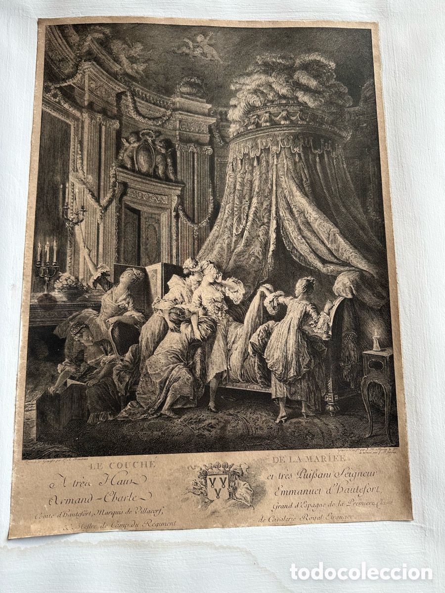 Arte: Grabado franc&eacute;s siglo XVIII &ndash; &ldquo;Le Couch&eacute; de la Mari&eacute;e&rdquo; &ndash; Moreau le Jeune / Baudouin &ndash; Escena rococ&oacute;