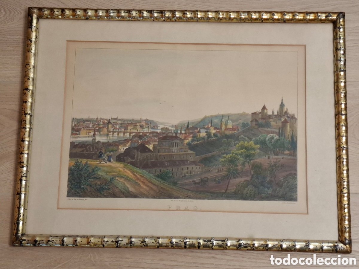 Kunst: Prag Praga, Grabado coloreado, Lith. Franz Xaver Sandmann (1805-1852) Siglo XIX