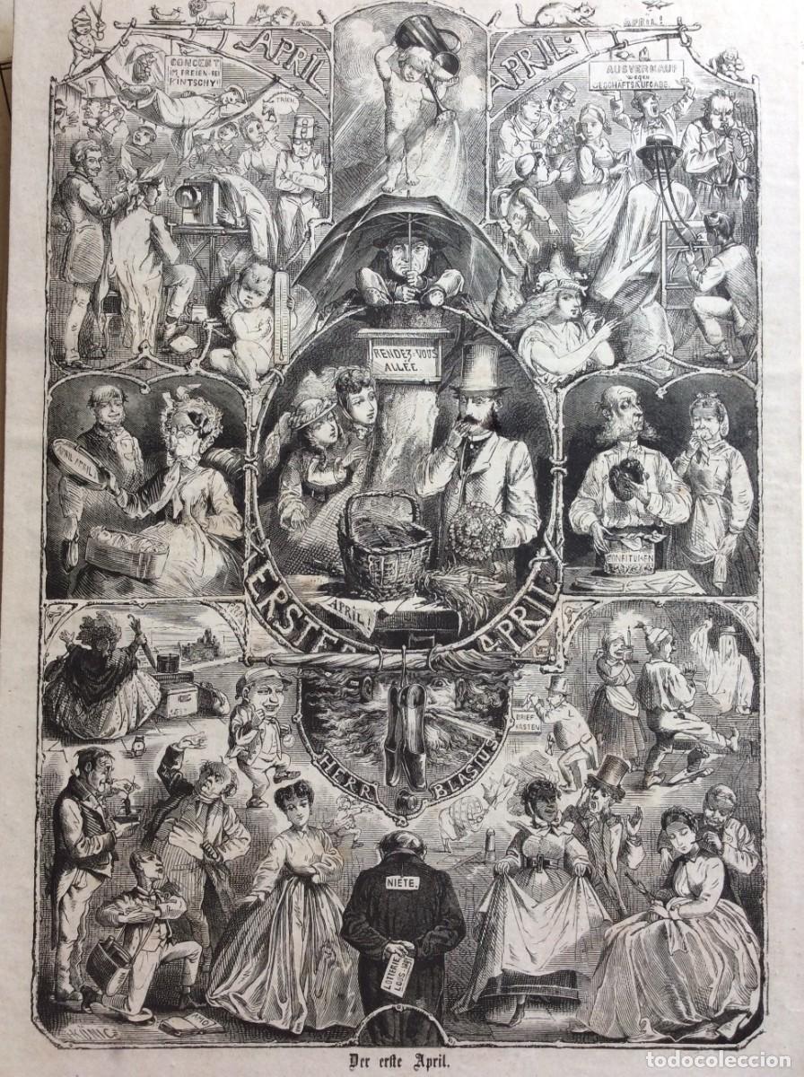 Arte: O Primeiro de Abril. Xilogravura original alem&atilde; do s&eacute;culo XIX