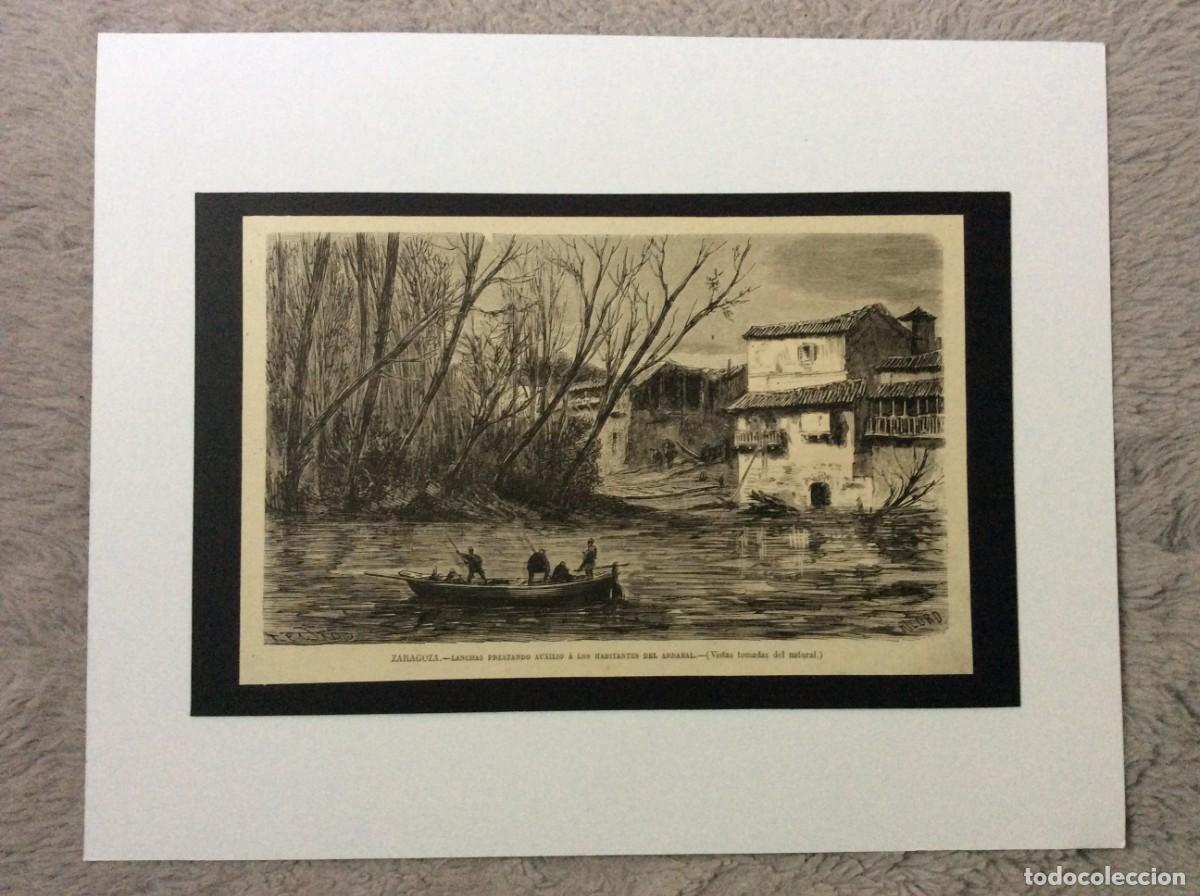 Kunst: Zaragoza - Lanchas prestando auxilio &aacute; los habitantes del Arrabal. Xilogravura de 1871