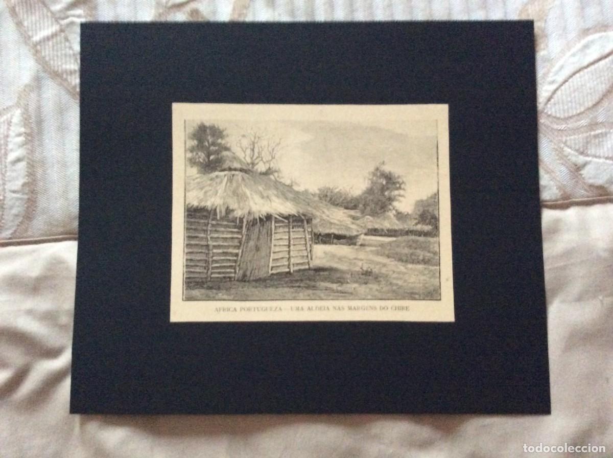 Art: Africa portugueza - Uma aldeia nas margens do Chire ( Rio ). Xilogravura do s&eacute;c. XIX