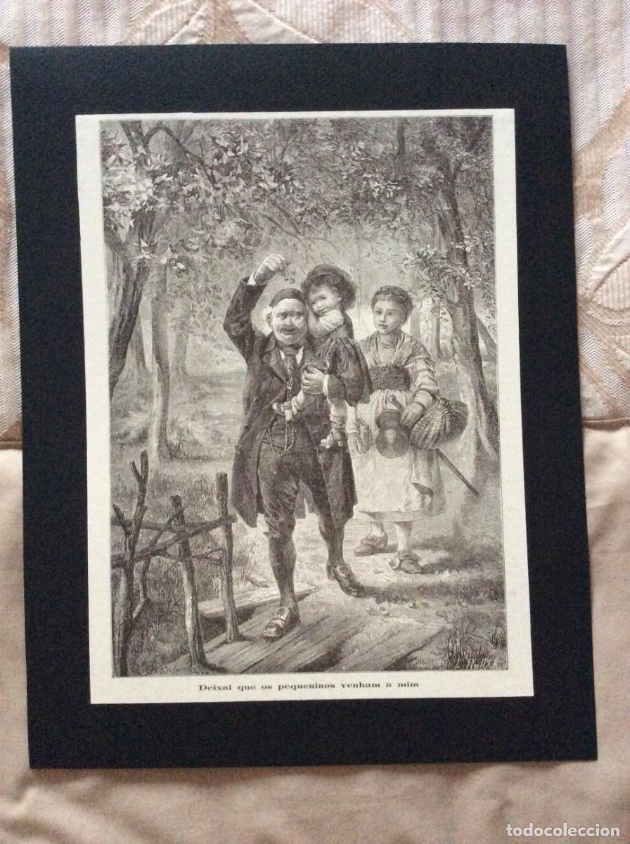 Art: Deixai que os pequeninos venham a mim. Lind&iacute;ssima xilogravura do final do s&eacute;c. XIX