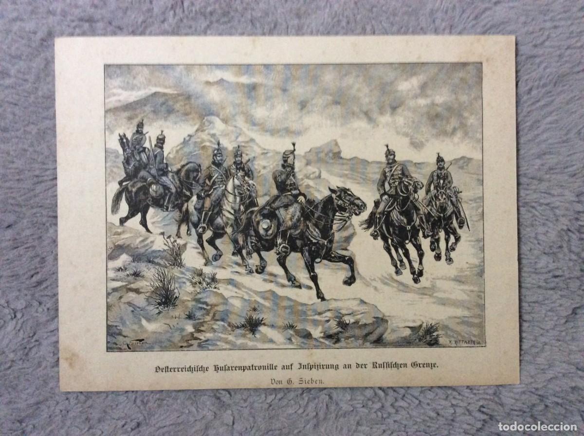 Art: Patrulha de Hussardos austr&iacute;acos em inspe&ccedil;&atilde;o na fronteira russa. Xilogravura do s&eacute;culo XIX