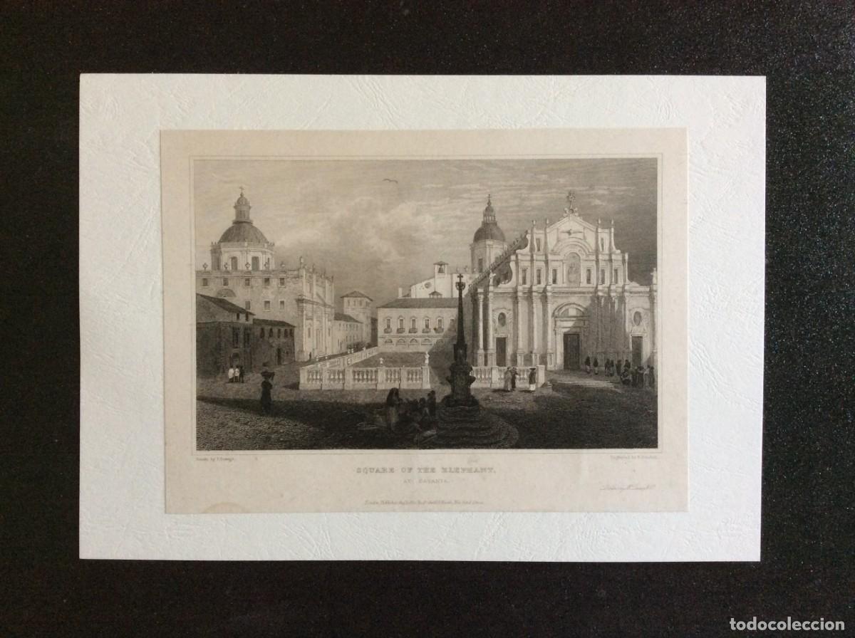 Art: Square of the Elephant, at Catania, 1822. Gravura em a&ccedil;o original. Rara