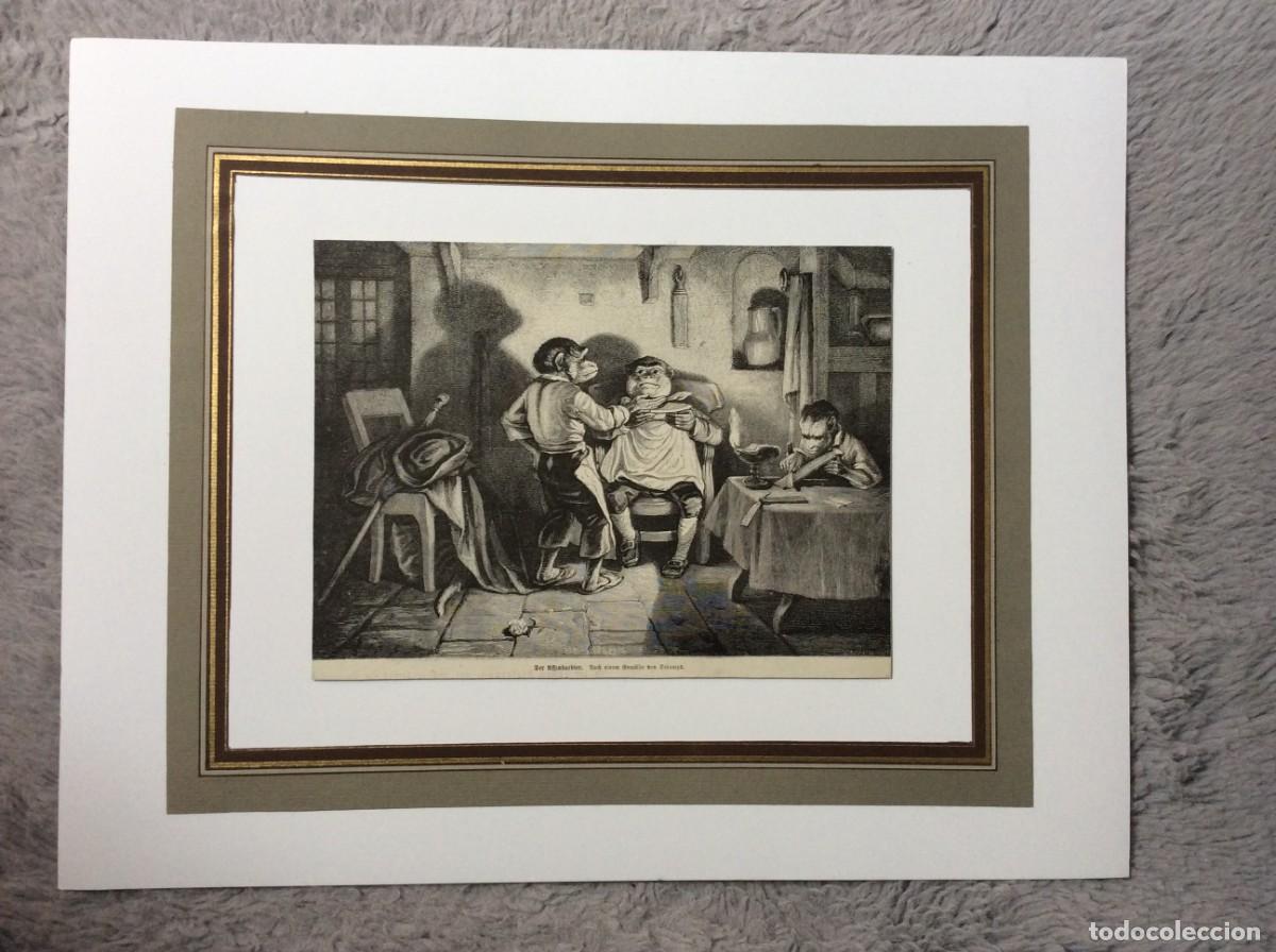 Arte: Xilogravura alem&atilde; do s&eacute;culo XIX - O macaco barbeiro. Ap&oacute;s uma pintura de Decamps