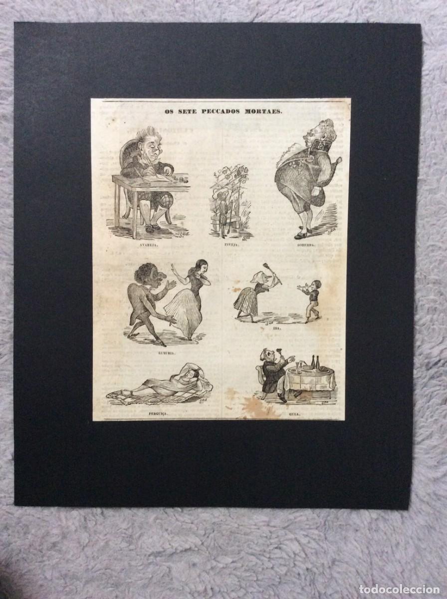 Arte: Os sete peccados mortaes. Excelente, rara e invulgar xilogravura de 1840. Original