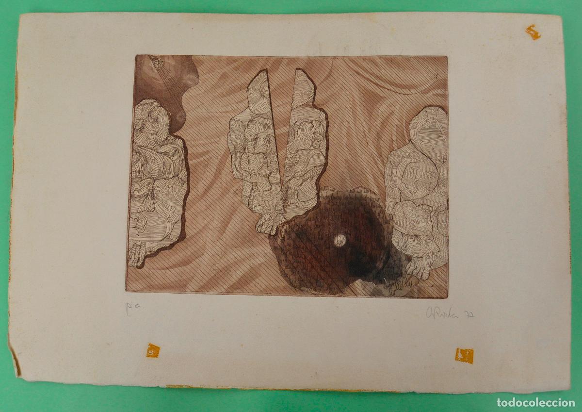 Arte: Grabado, artista por identificar, 1977, prueba de artista, firmado. 58x38,5cm