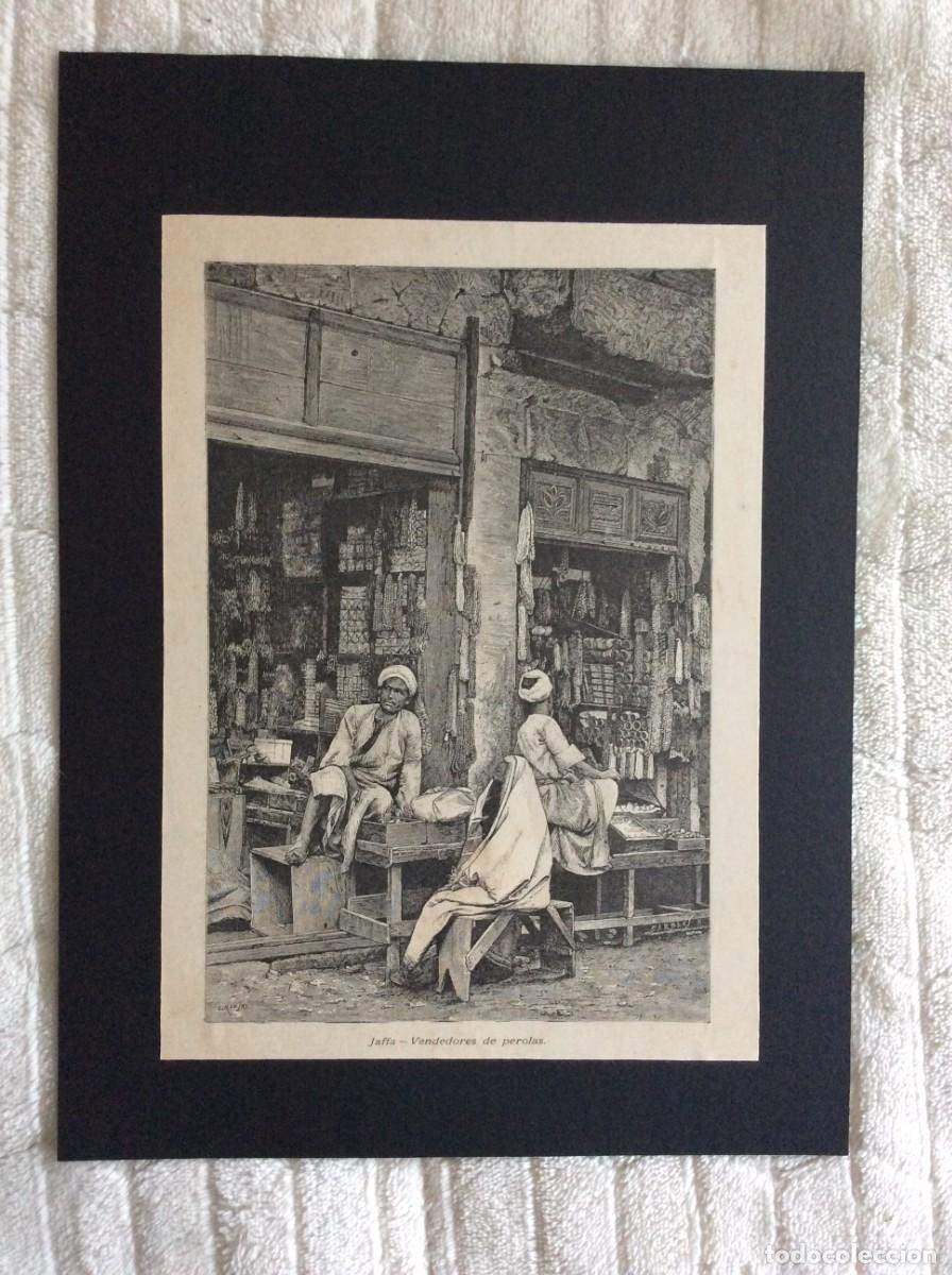Arte: Tema: M&eacute;dio Oriente - Jaffa ( Israel ) , Vendedores de perolas. XilograVURA do s&eacute;c. XIX