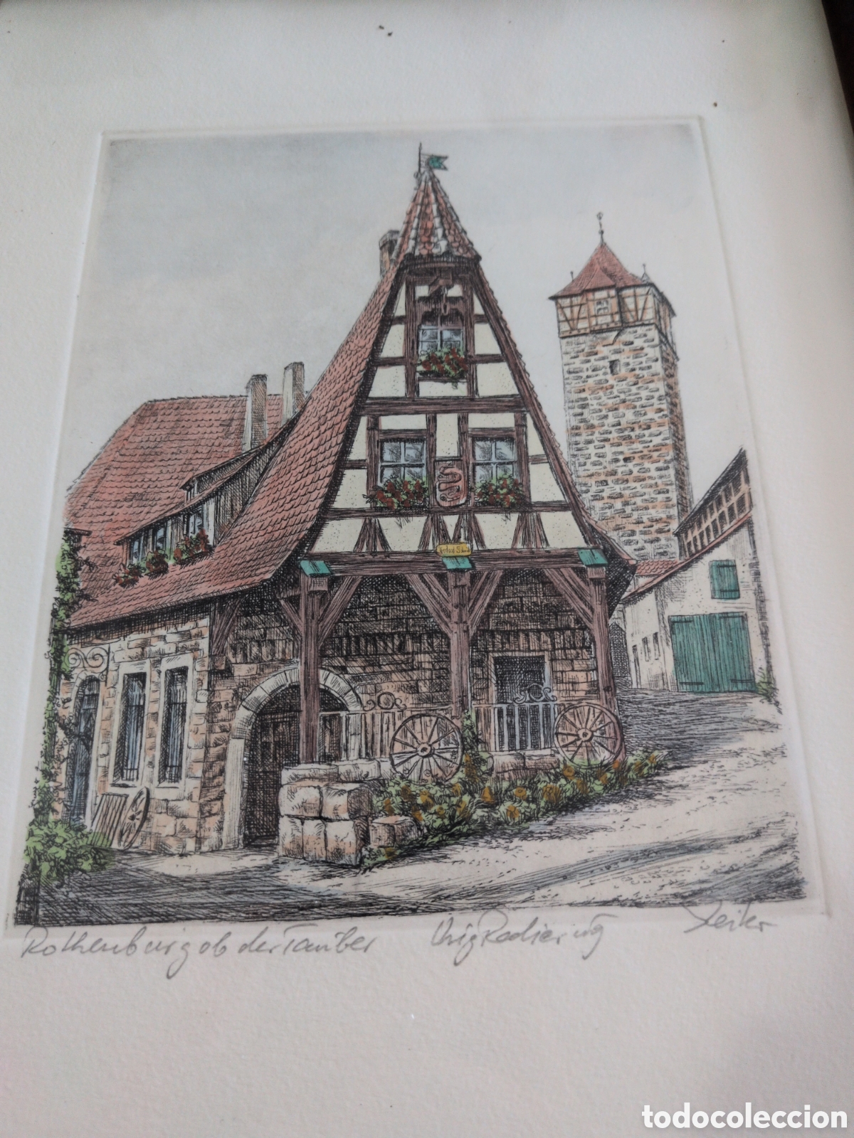 Arte: Grabado Original de Rothenburg ob der Tauber(Alemania) - Firmado por Seiler a l&aacute;piz. Enmarcado