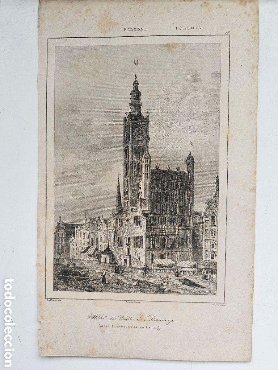 Arte: grabado original en acero del siglo XIX que representa el Ayuntamiento de Danzig, Gdansk Polonia